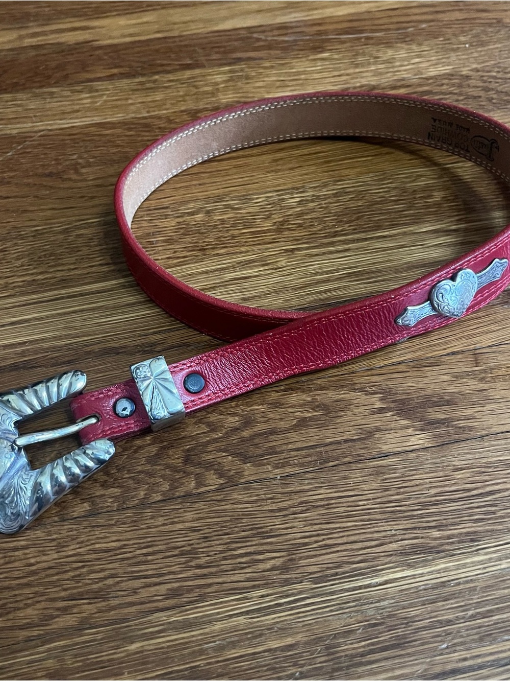 Justin red leather belt 525rd womens vintage silver hearts western